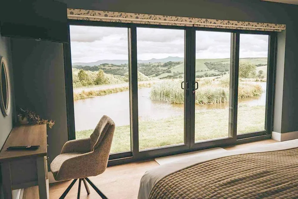View from the bedroom at Beacons View liuxury lodge and cottage holiday accommodation near Brecon, Powys in Wales.