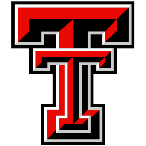 Graphic letter T in red, black, and white colors with 3D block design, representing Texas Tech University.
