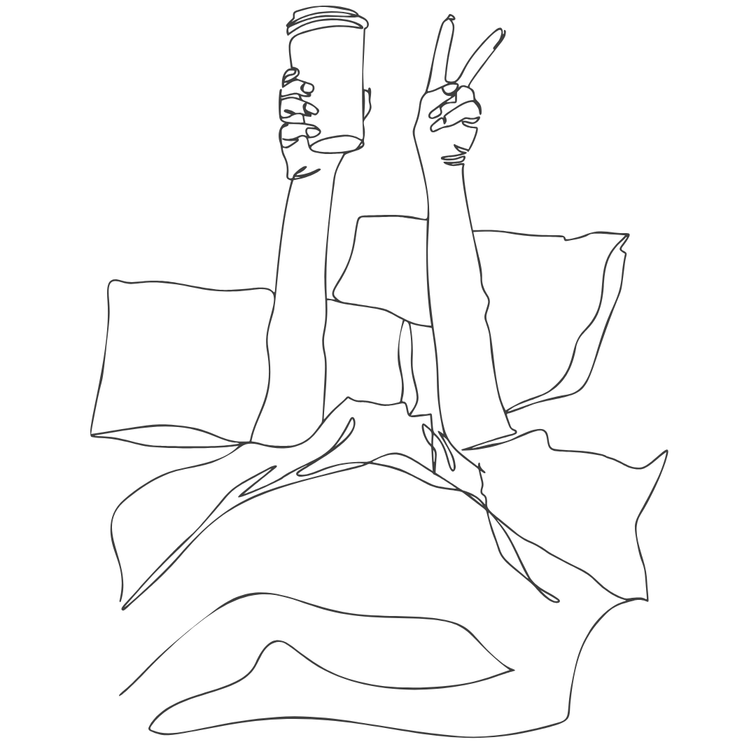 Line drawing of a person lying in bed, holding a cup in one hand, making a peace sign with the other hand.