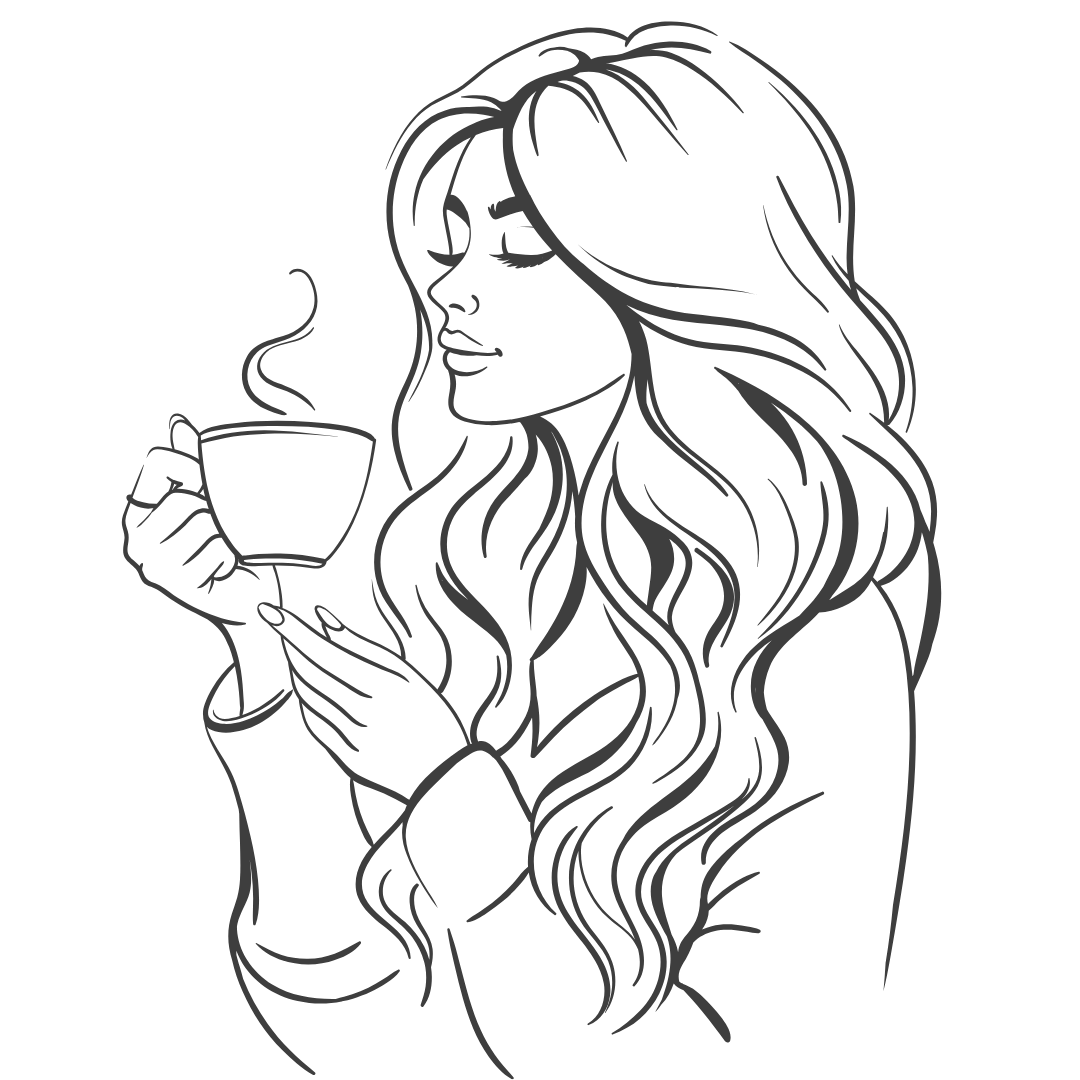 Line drawing of a woman with long, wavy hair holding a steaming cup of coffee or tea, with a serene expression.