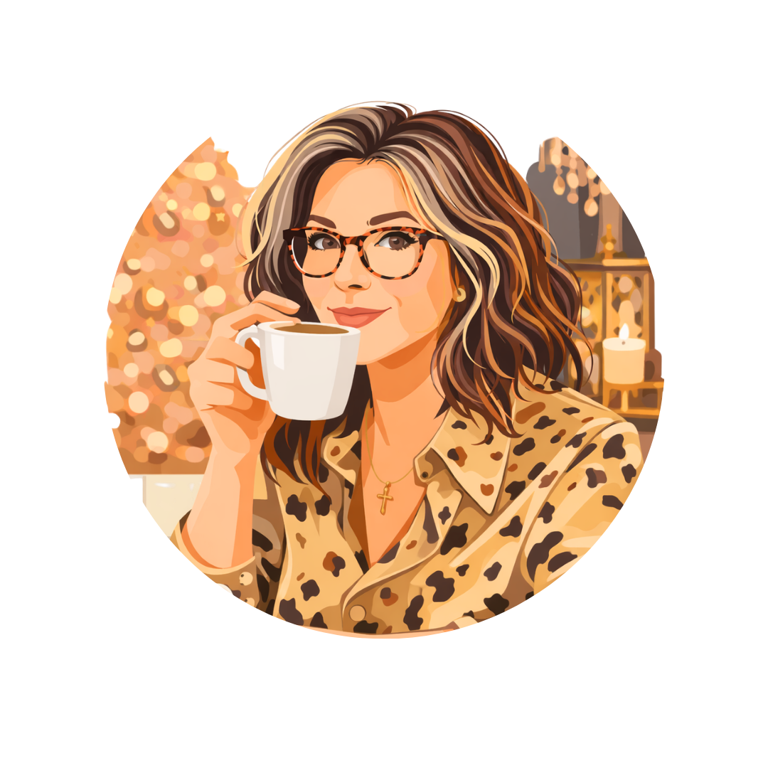 Illustration of a woman with wavy brown hair, wearing glasses and a leopard print blouse, holding a white mug of coffee or tea, with warm holiday lights and candles in the background.