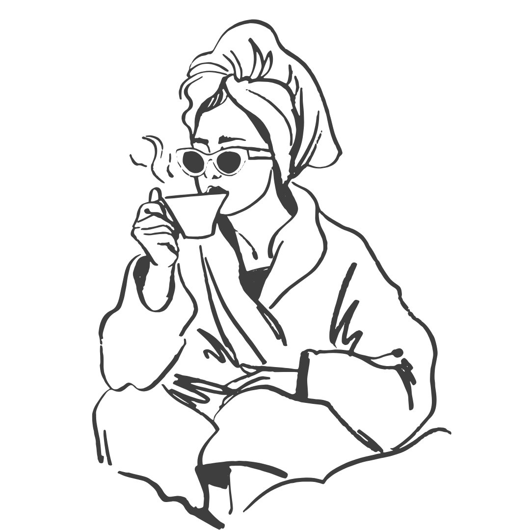 Line drawing of a woman with glasses and a towel on her head, sitting and drinking from a cup.