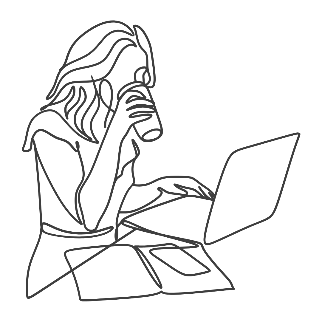 Line drawing of a woman with glasses sitting at a table, looking at a laptop, with a smartphone nearby.