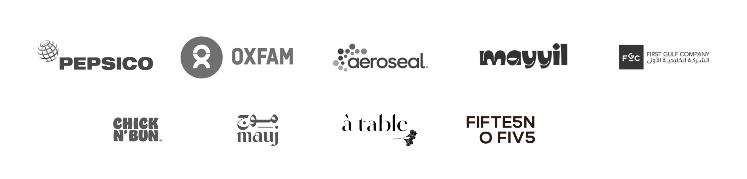 Logos of brands Coana has worked with, including PepsiCo, Oxfam, Aero Seal, Mayyil, First Gulf Company, Chick N’ Buns, Mauj, À Table, and Fifteen.