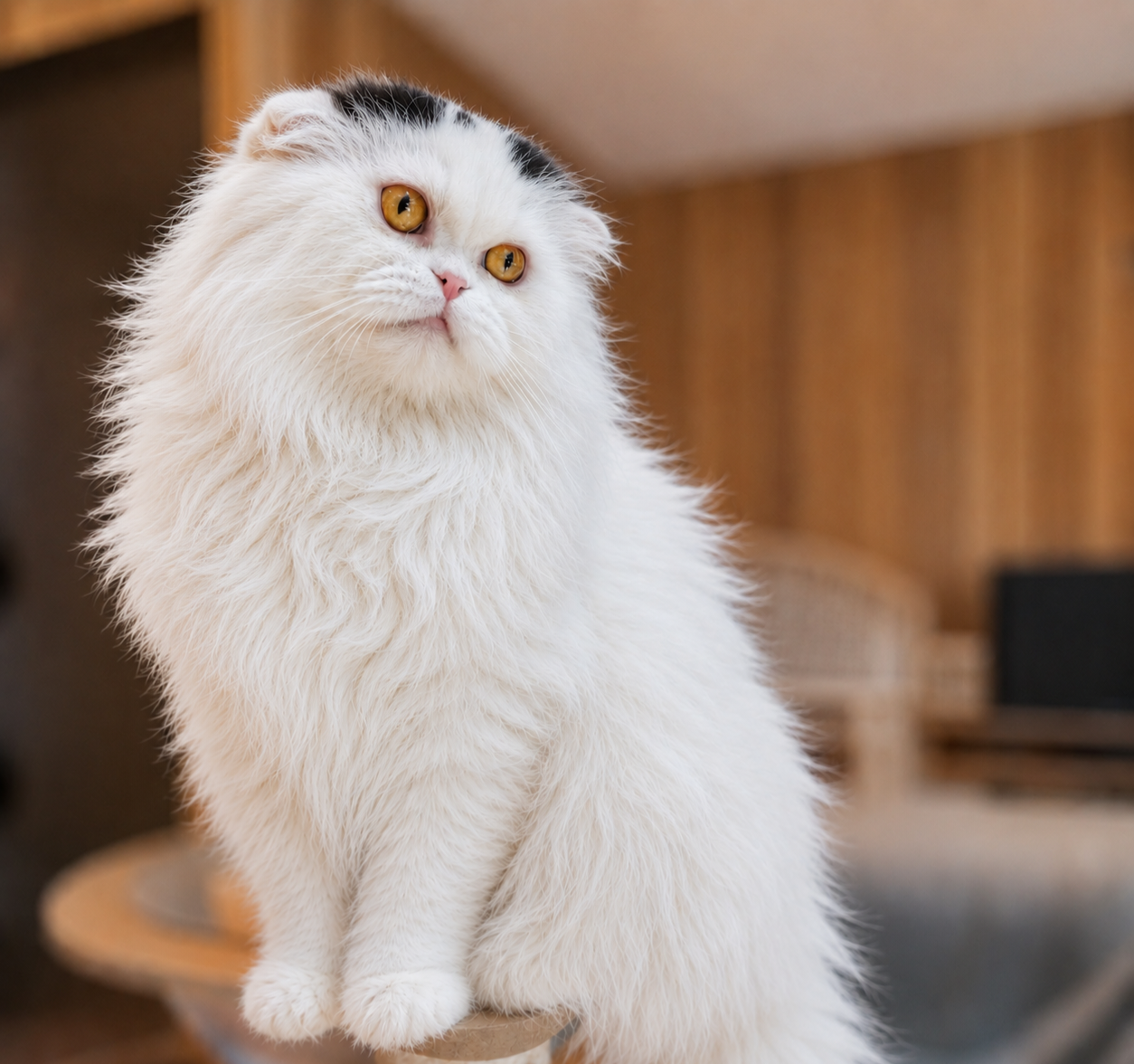 Rikki, black and white Scottish Fold Longhair male cat with folded ears and a fluffy coat