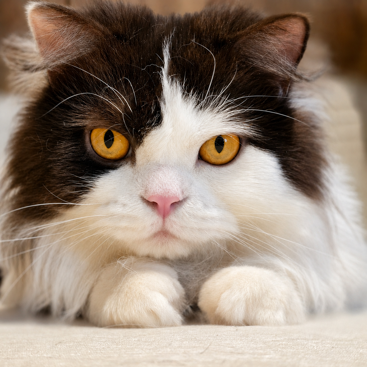 Oscar the Scottish Straight Longhair chocolate and white bicolor male cat relaxing while lying down comfortably.
