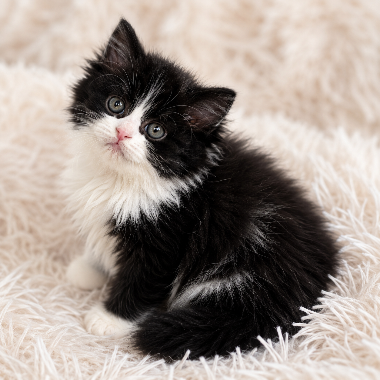 Crystal, black and white Scottish Straight Longhair kitten displaying her elegant proportions, fluffy tail, and striking coat pattern.
