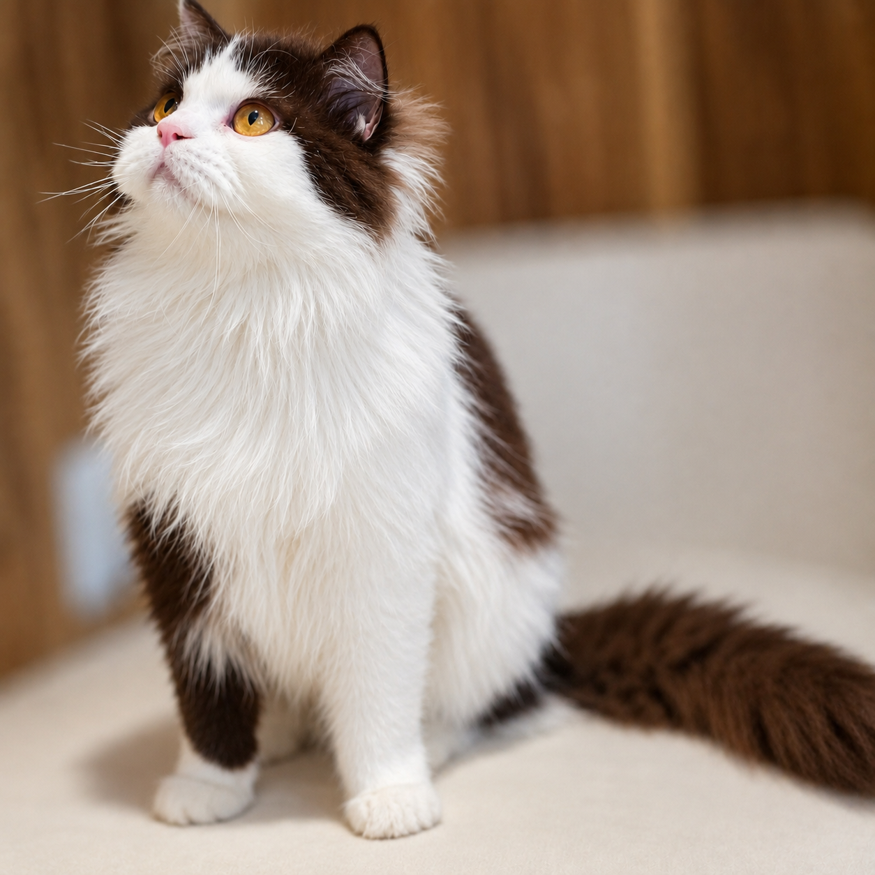 Oscar the Scottish Straight Longhair chocolate bicolor male cat sitting with a sweet expression and beautiful white markings.