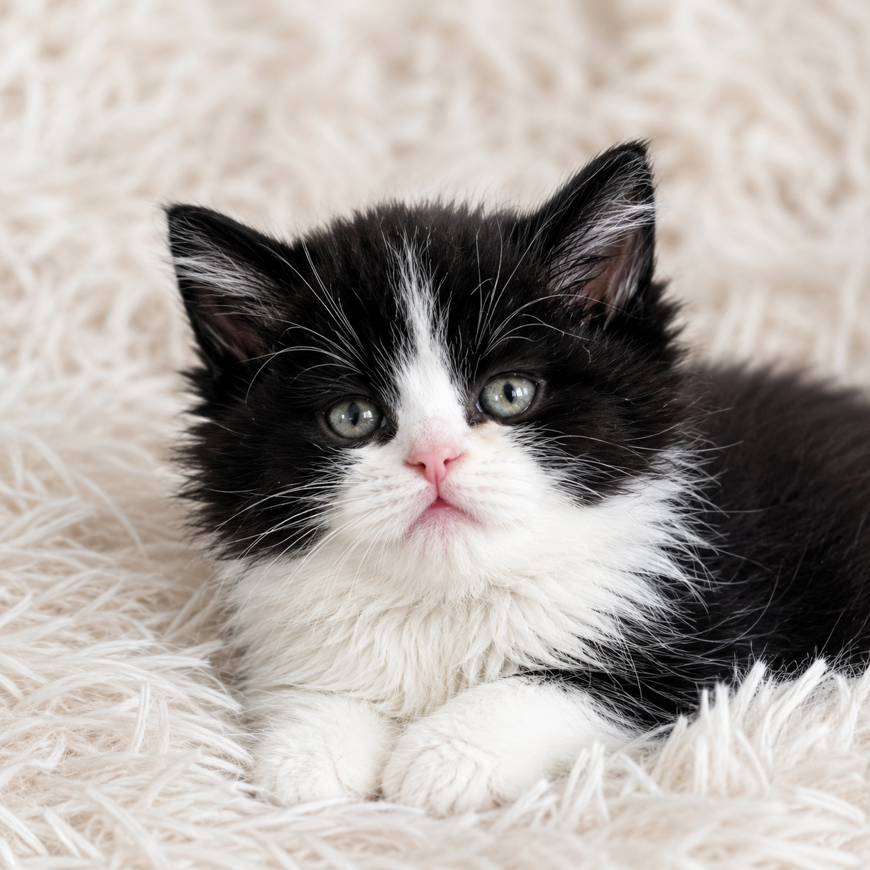 Crystal, black and white Scottish Straight Longhair kitten displaying her elegant proportions, fluffy tail, and striking coat pattern.