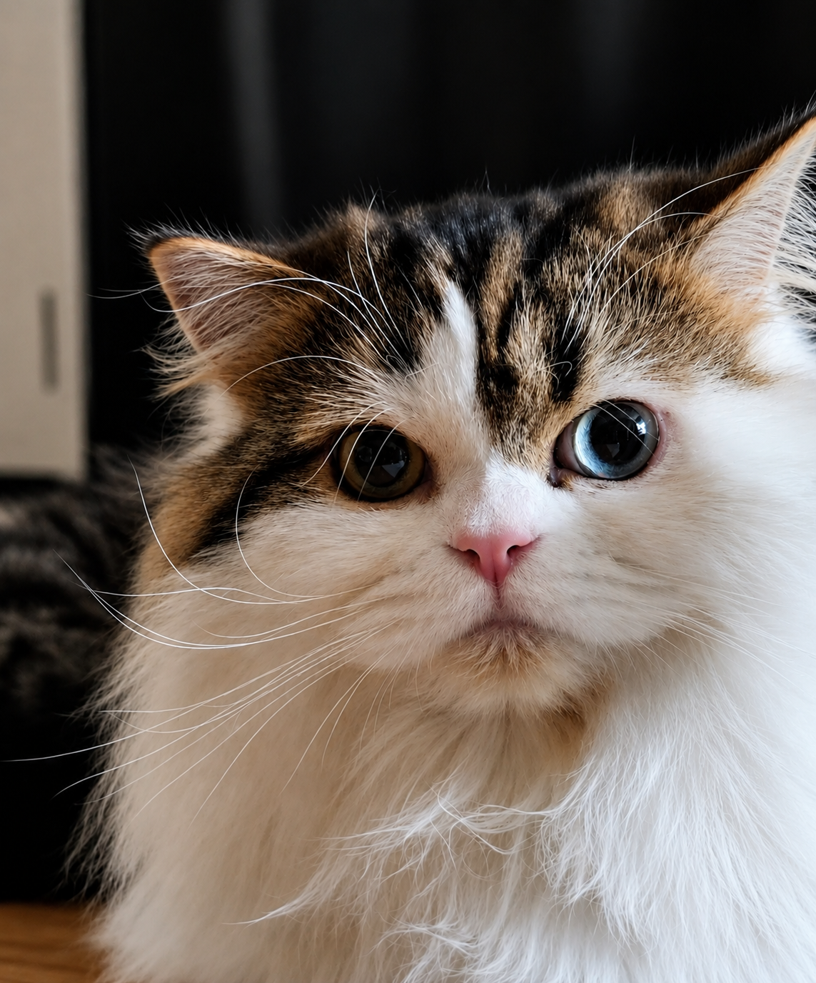 James, Scottish Straight Longhair male cat with brown mackerel tabby and white coat, striking odd eyes, fluffy tail, and sweet expression (Copy)