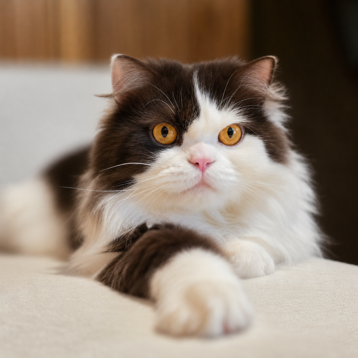 Oscar the Scottish Straight Longhair chocolate and white bicolor male cat relaxing while lying down comfortably.