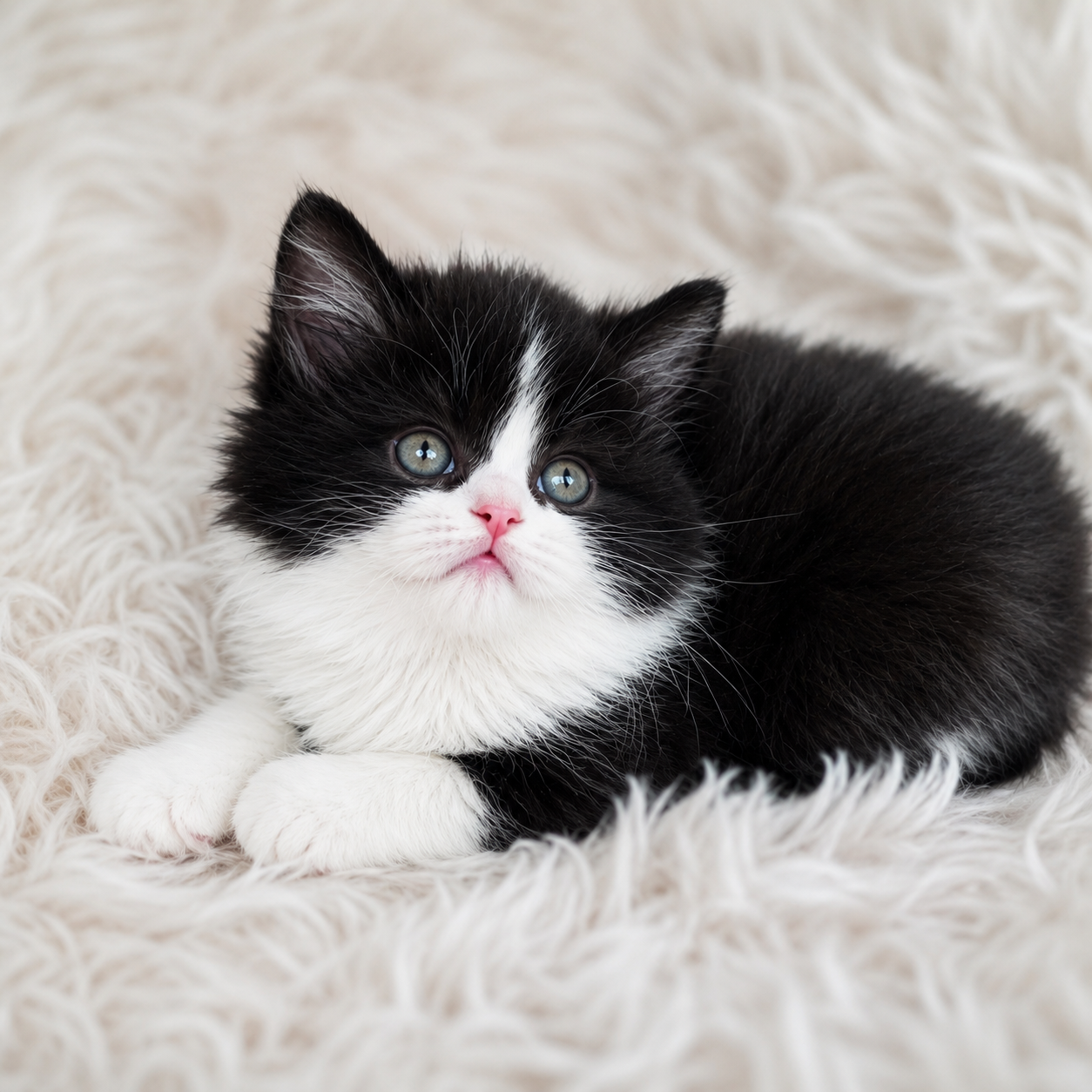 Crystal, black and white Scottish Straight Longhair kitten displaying her elegant proportions, fluffy tail, and striking coat pattern.