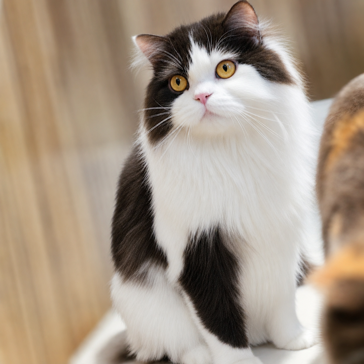 Oscar the Scottish Straight Longhair chocolate and white bicolor male cat standing and showing his luxurious fluffy coat..png