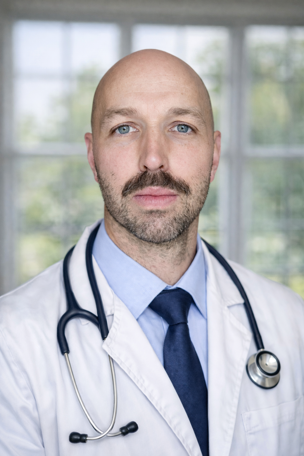 A middle-aged man sitting on a bench, wearing a brown polo shirt and white pants, looking thoughtfully to the side against a plain wall.