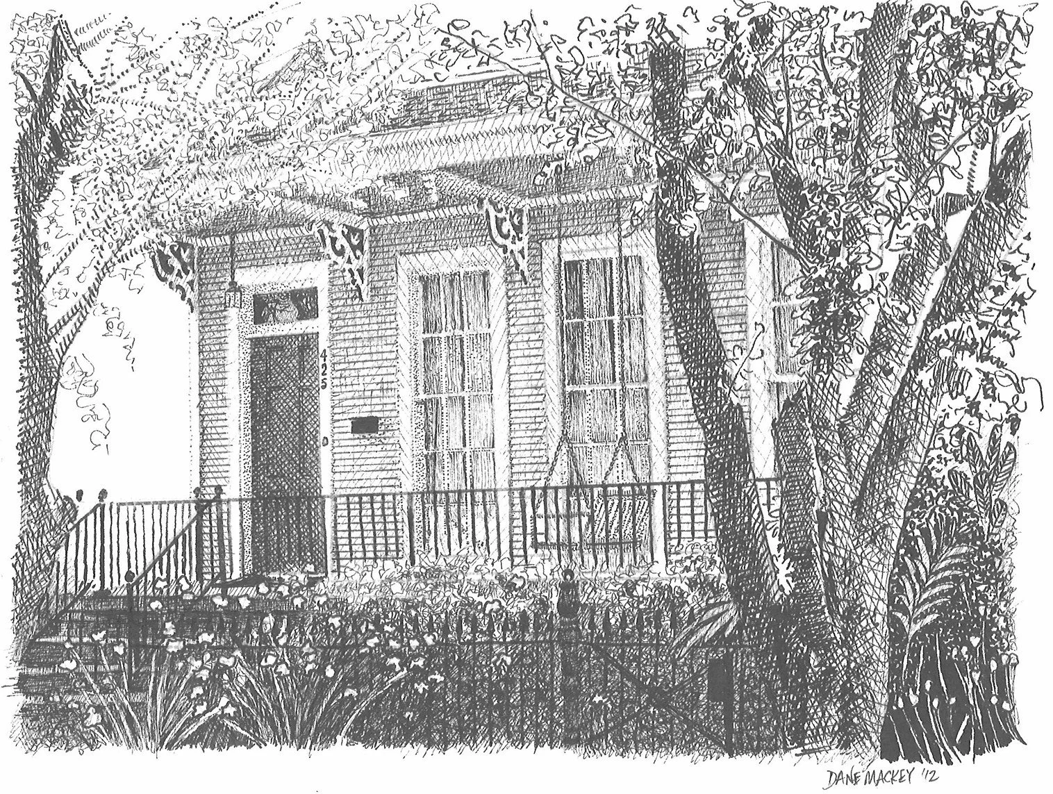 The Home of Anatomist Dr. Jason Mussell in New Orleans, pen & ink 14x11