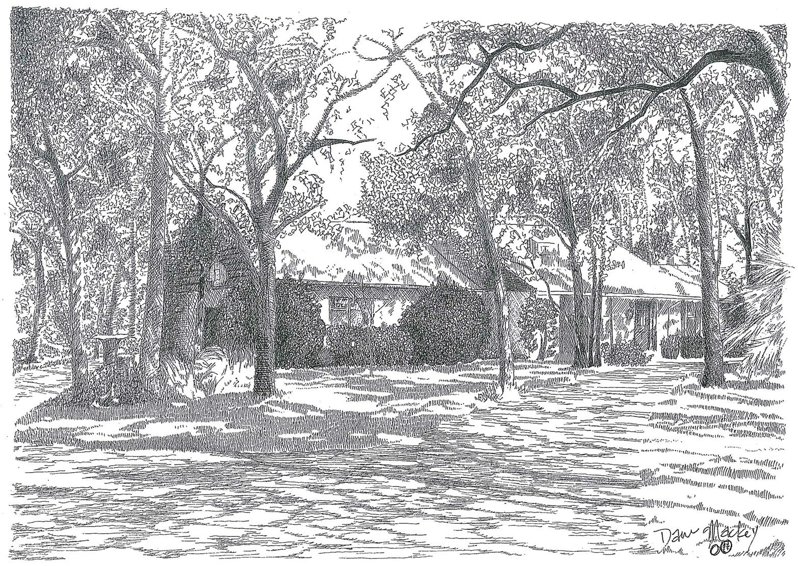 The Home of Uncle Henry Gremillion DDS, pen & ink 14x11