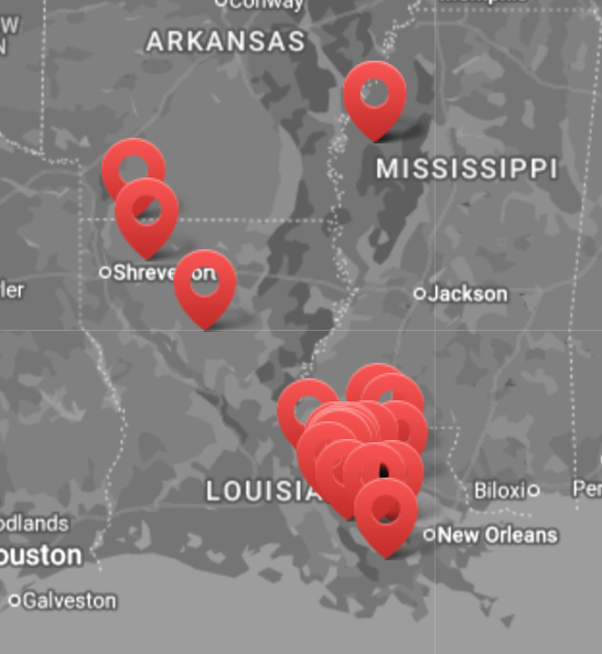 Map highlighting locations in Louisiana and Mississippi with multiple red markers.