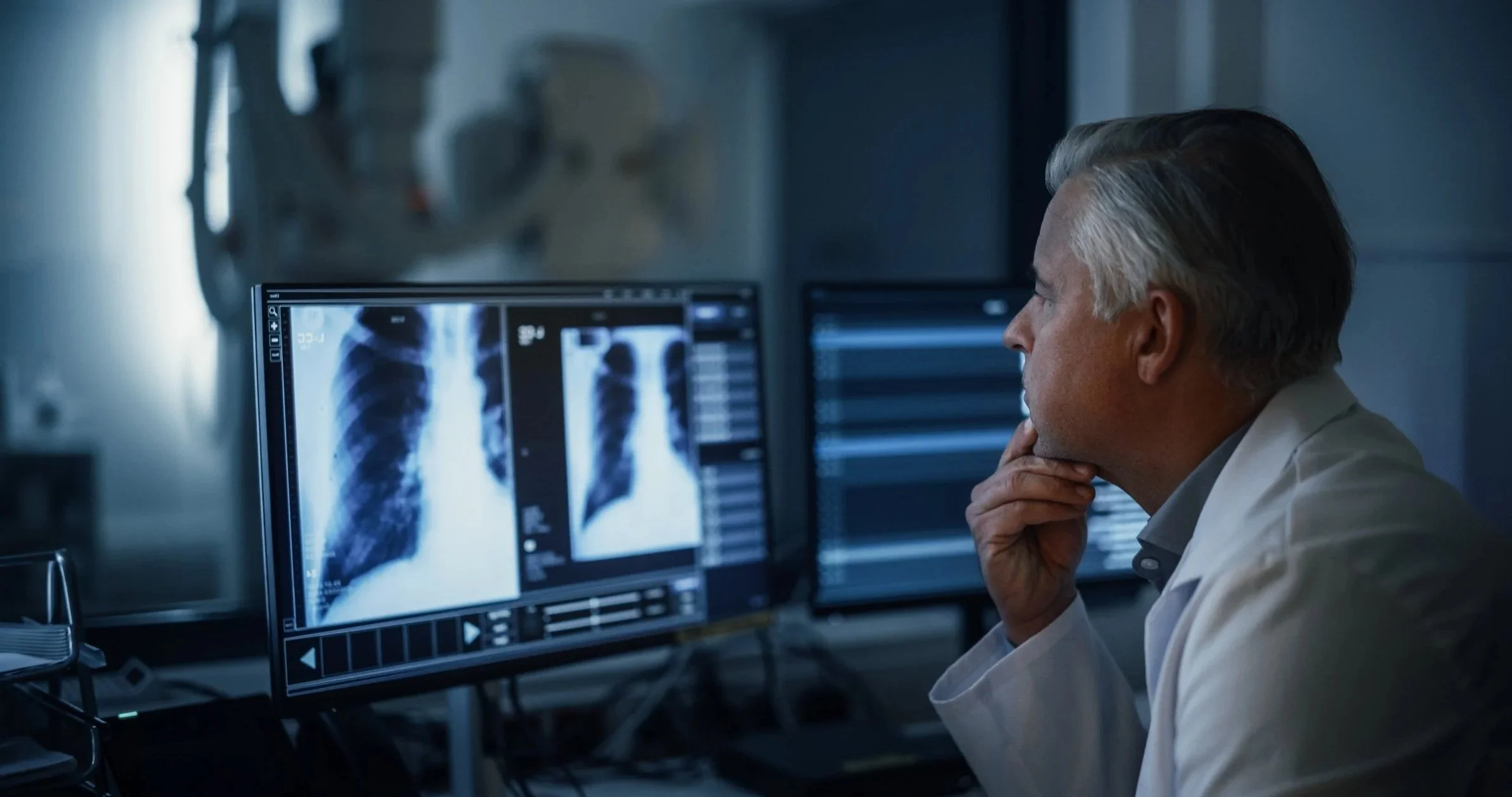 A male doctor or radiologist in a white coat examining two chest X-ray images on computer screens in a medical setting.