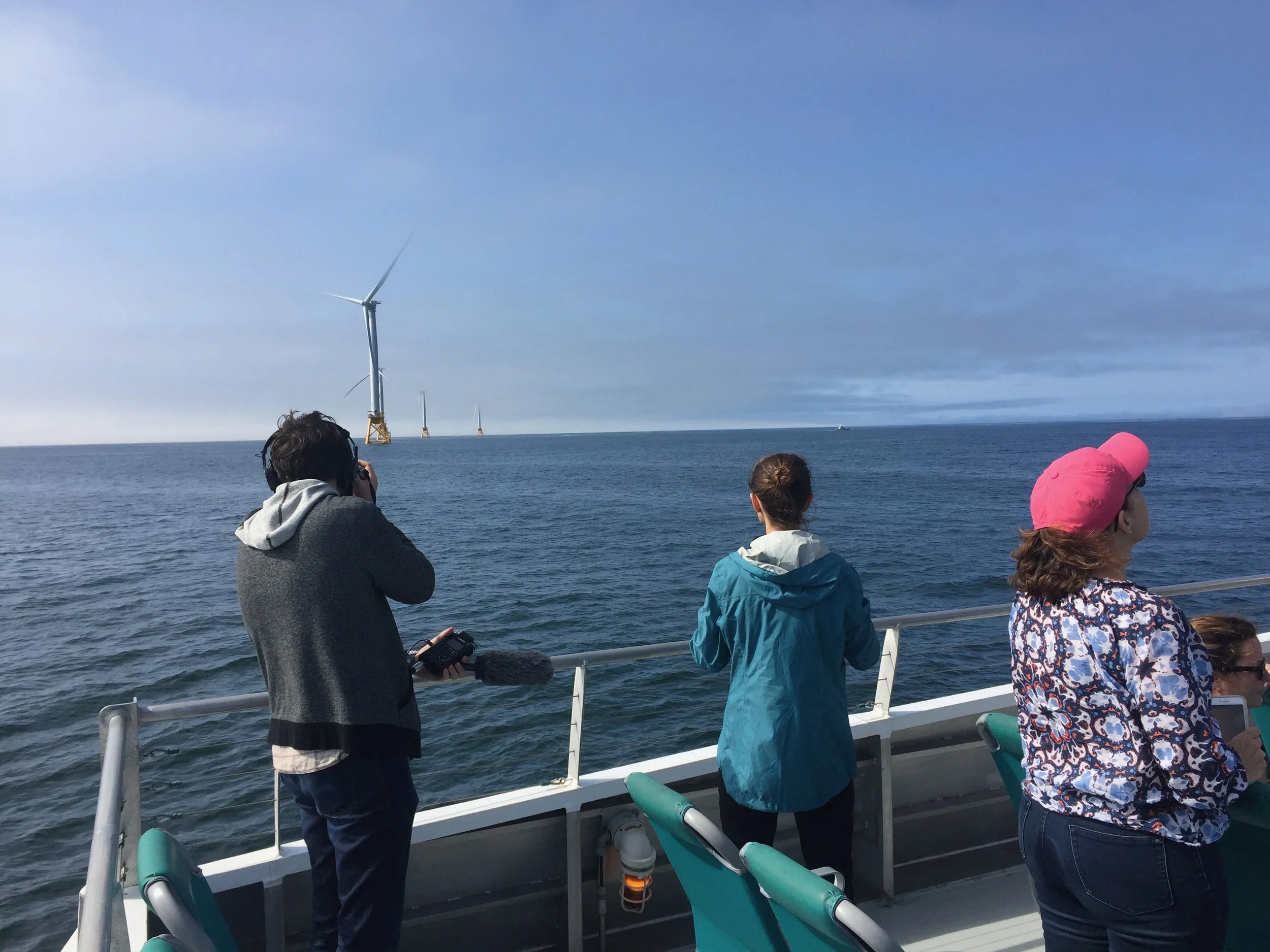 People on a boat watching offshore wind turbines in the ocean.