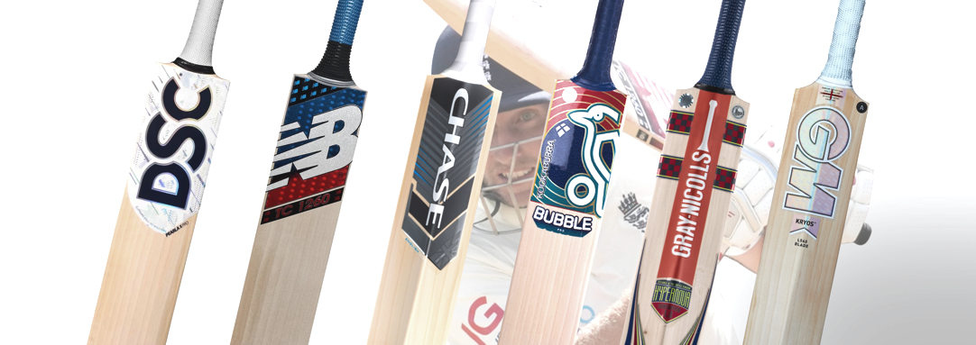 Close-up of cricket bats with different brand logos and designs on their blades, arranged in a row.