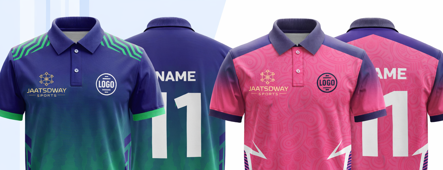Four sports jerseys, two in blue and two in pink, displayed on mannequins or hangers. Each jersey features a logo, text, and a space for a name and number on the back.