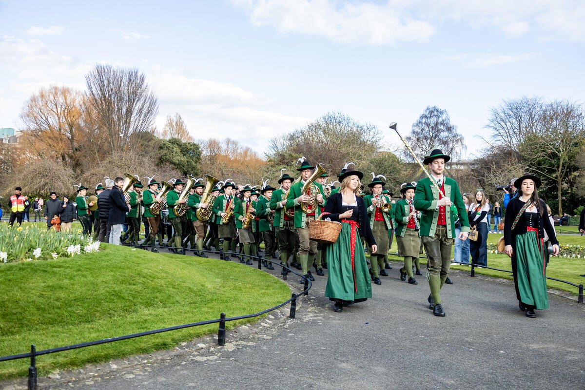 On St Patrick's day a festive group marches through stephens green
