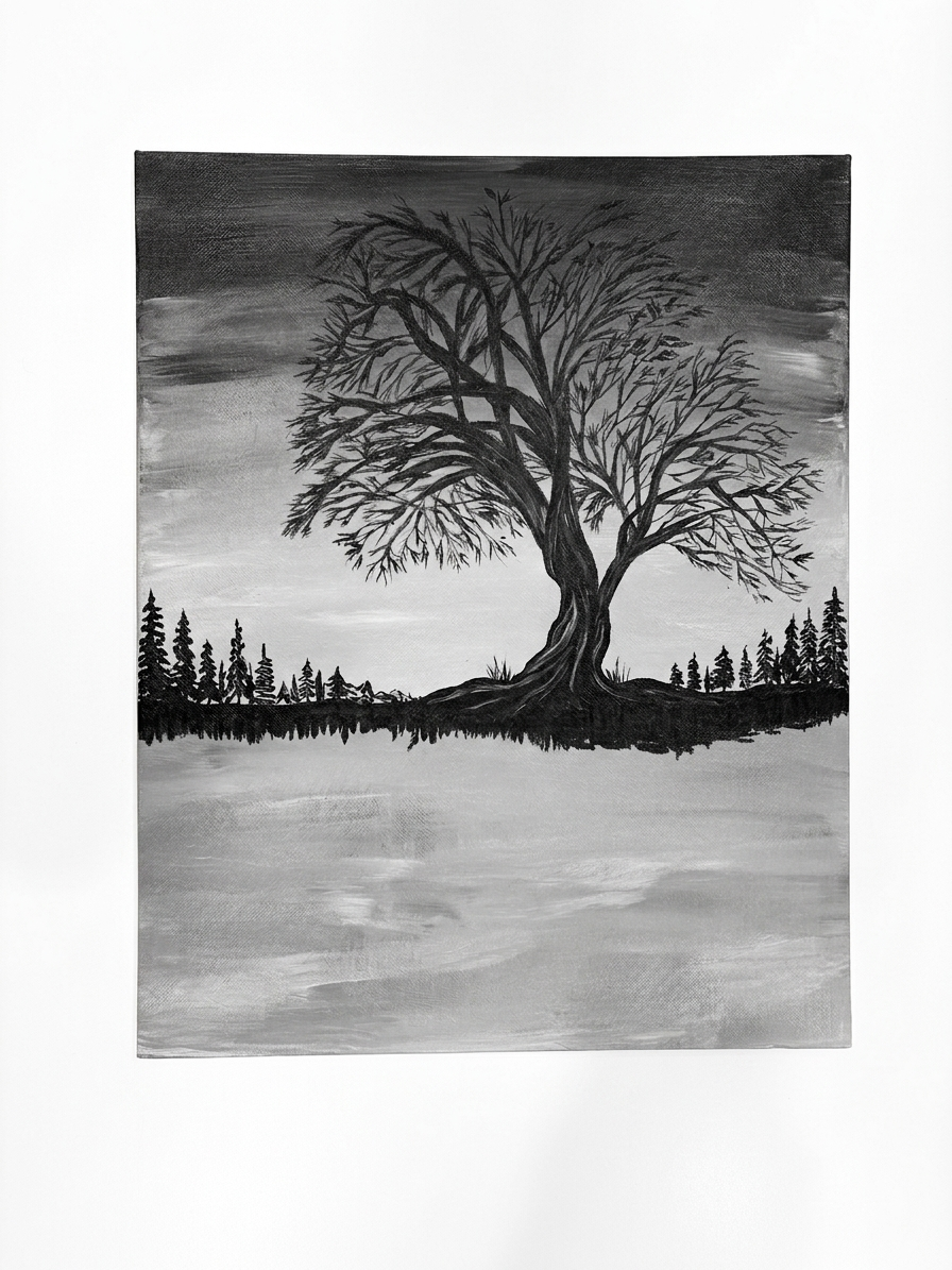 Black and white painting of a large, leafless tree with sprawling branches, set against a sky with light and dark clouds, and a distant forest of pine trees along the horizon.