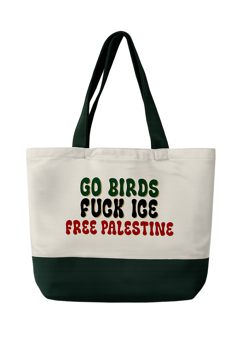 Large Canvas Retro Go Birds Fuck ICE Free Palestine Tote with Metallic Thread