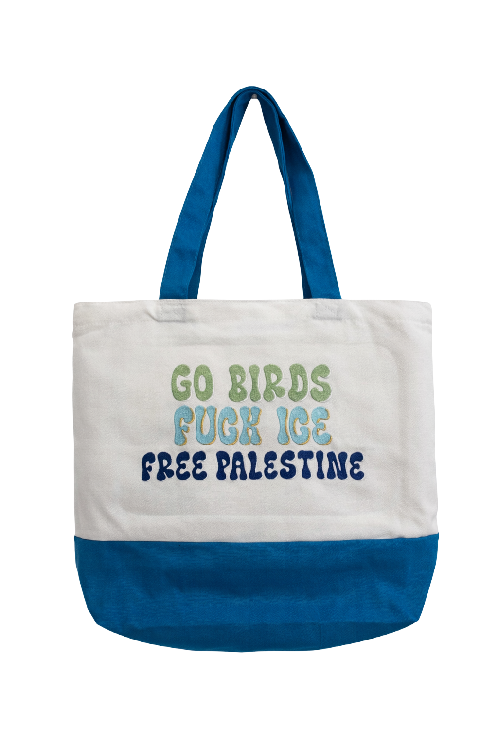 Large Canvas Retro Go Birds Fuck ICE Free Palestine Tote with Metallic Thread