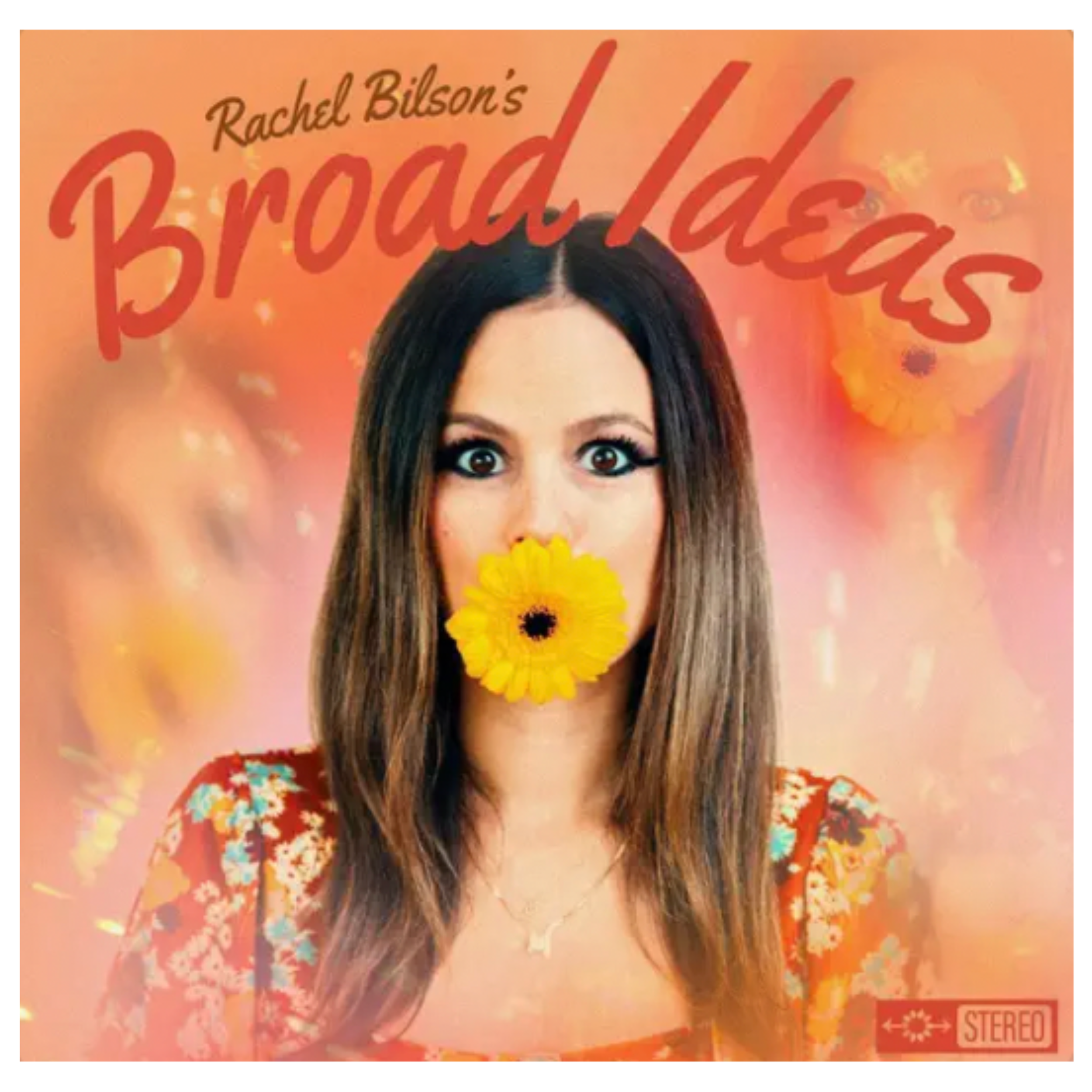 Podcast cover featuring Rachel Bilson, holding a yellow flower in her mouth, against a pink and orange background with blurred flowers. The text reads "Rachel Bilson's Broad Ideas."
