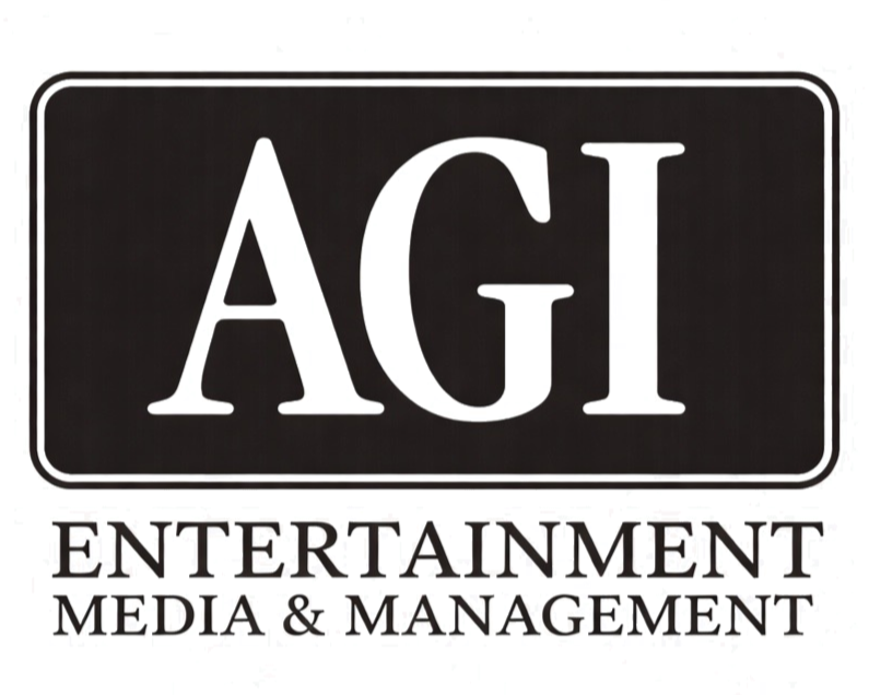 Logo for AGI Entertainment Media & Management with black background and white text.