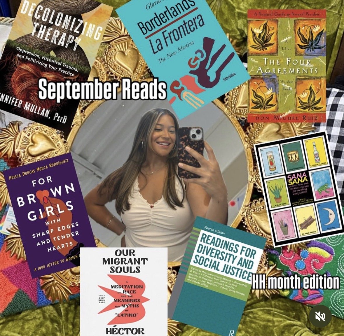 A mirror with a gold ornate frame on a wall, reflecting a young woman taking a selfie. The collage around the mirror includes various book covers about psychology, social justice, therapy, and self-care, with the text "September Reads" and "Hi month edition."