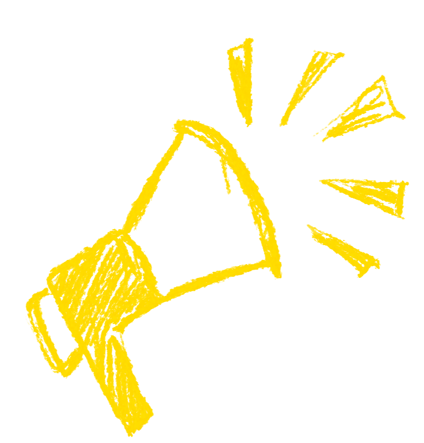 Yellow sketch of a megaphone with sound lines emanating from it.