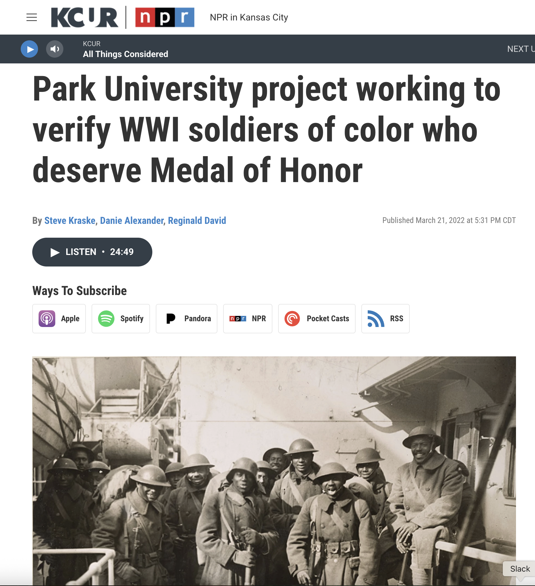 NPR Interview with filmmakers Alexander J. Goldstein and Clark Slater regarding their documentary MORE THAN A MEDAL filmed in collaboration with  Park University in Parksville, Missouri.