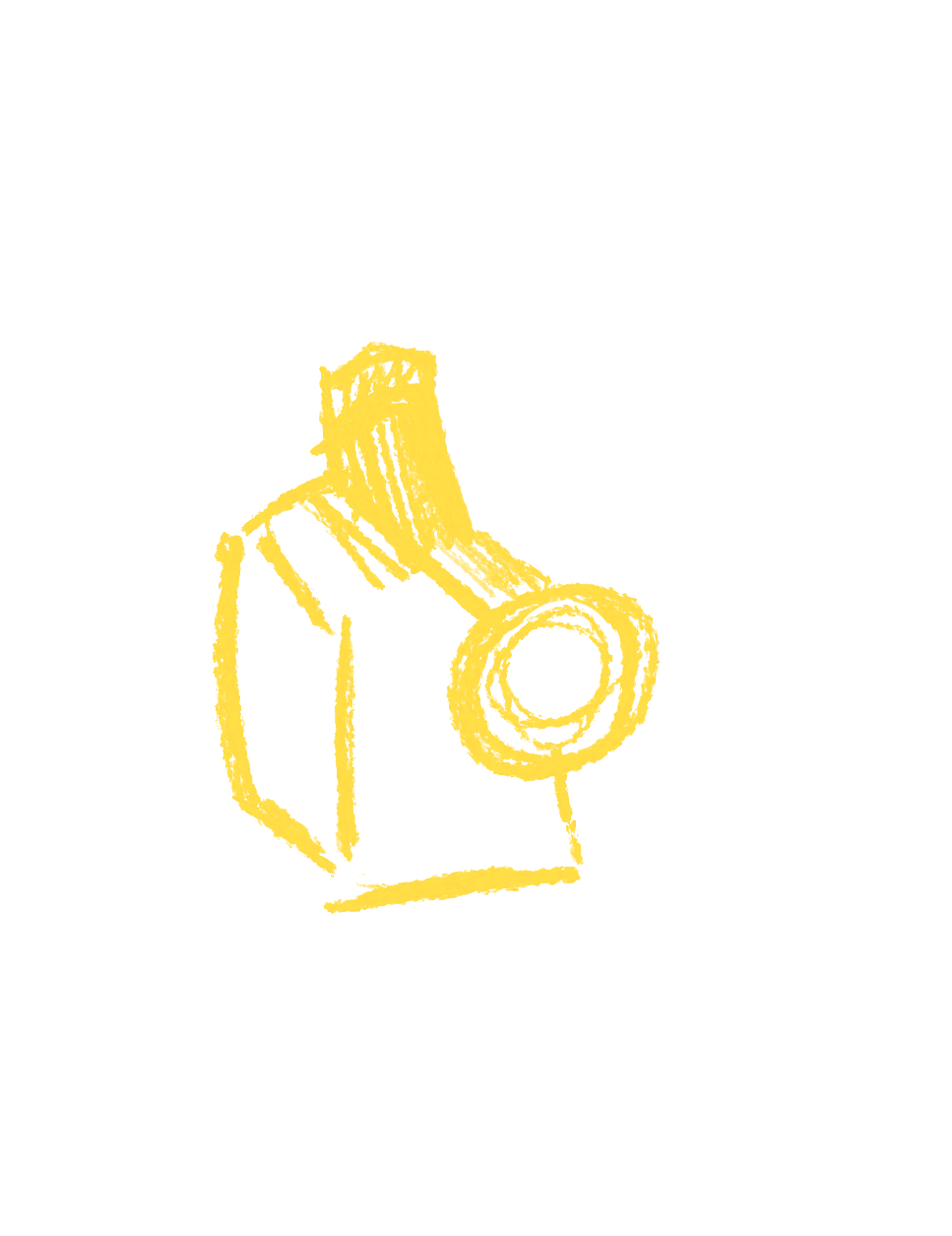 A yellow, sketch-style robotic arm with a circular attachment at the end, set against a black background.