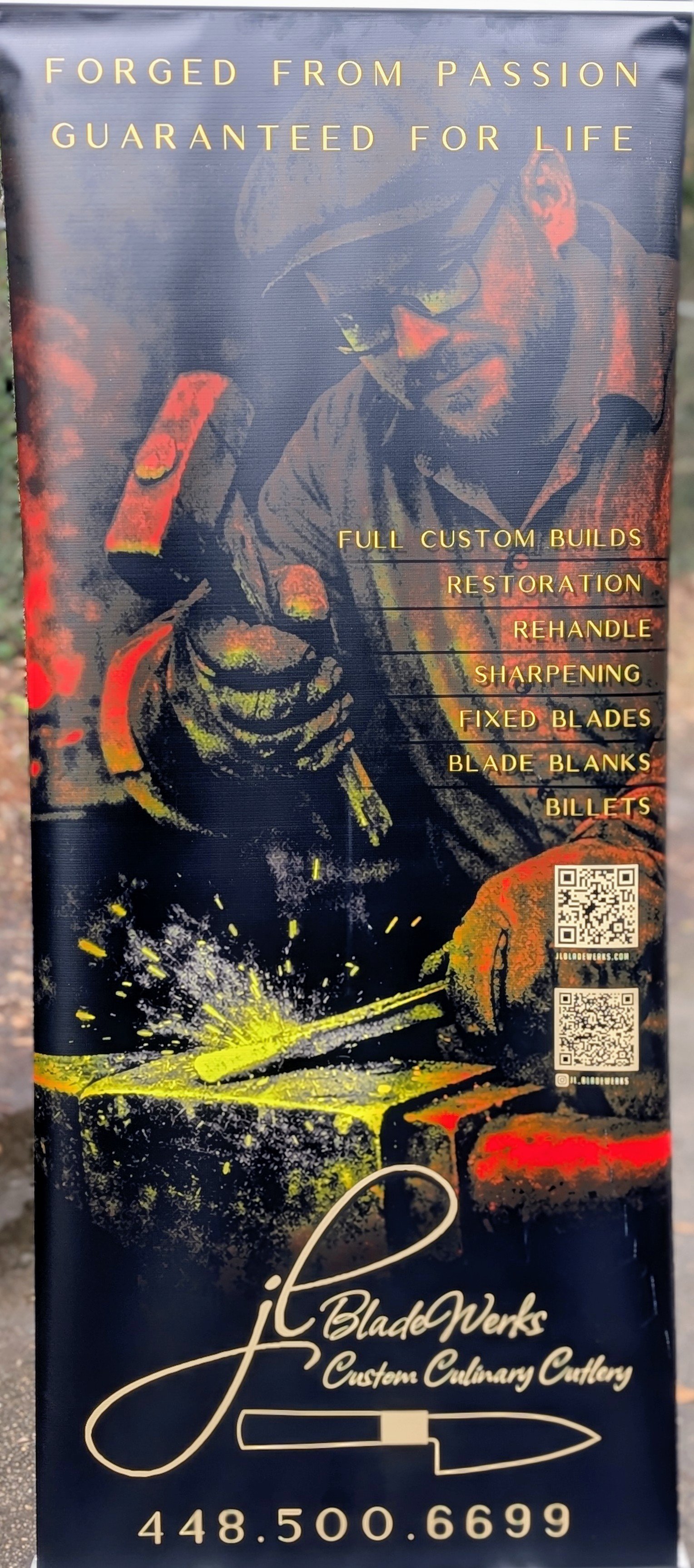 Folding advertisement for Blade Works Custom Culinary Cutlery featuring an illustration of a blacksmith working with a hammer and an anvil. Text highlights services like full custom builds, restoration, rehandle, sharpening, fixed blades, blade blanks, and billets. Includes two QR codes and contact number 448.500.6699.