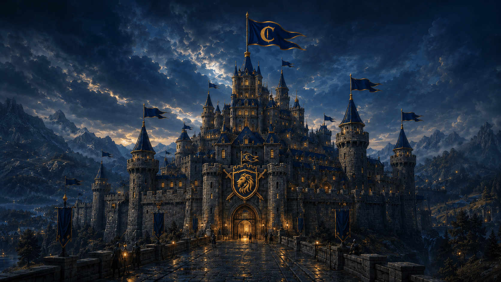 A fantasy castle illuminated at night, built on a hilltop with multiple towers and flags, surrounded by mountains with cloudy skies.