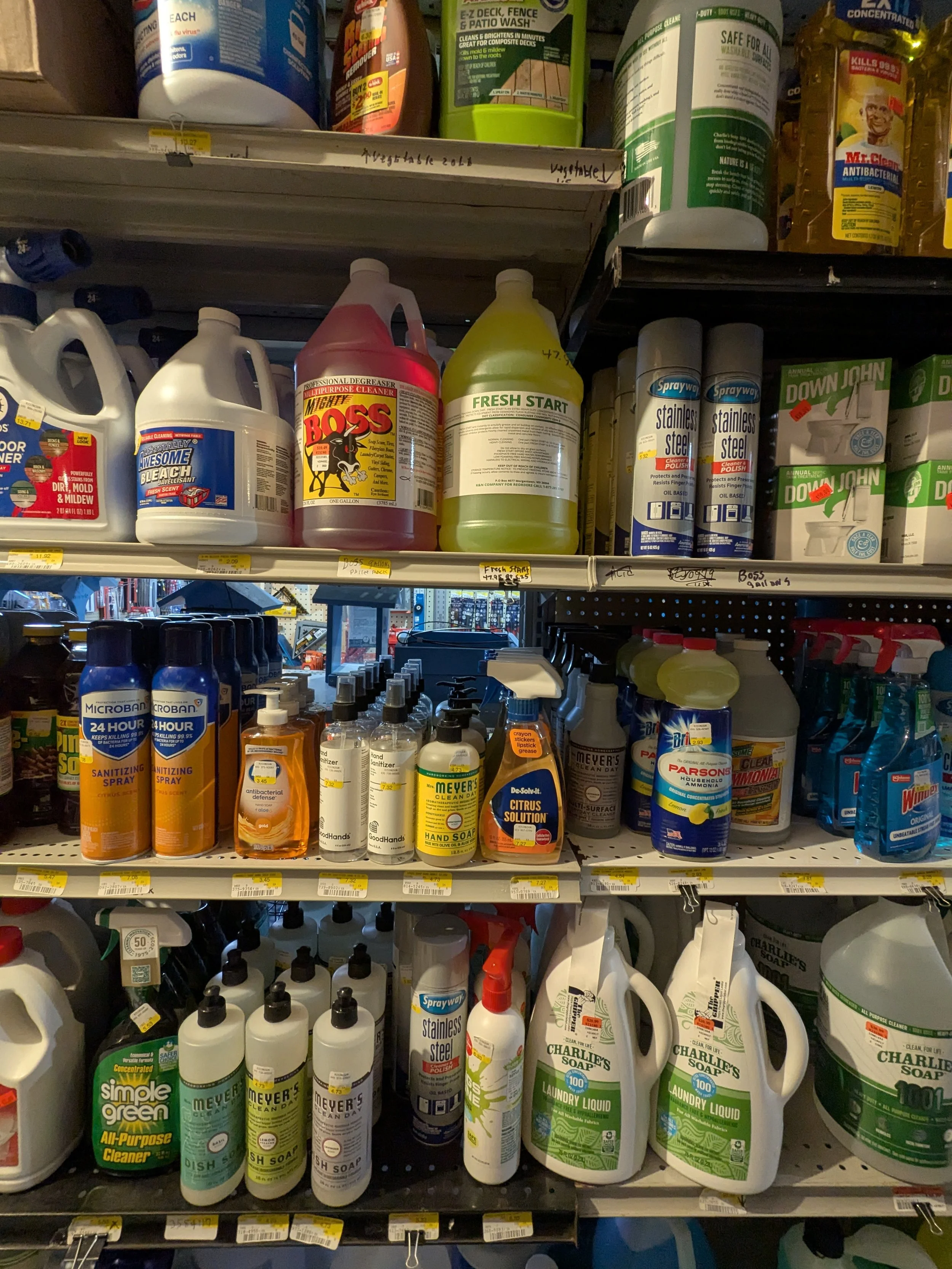 Store shelves stocked with cleaning supplies including bleach, degreaser, hand soap, disinfectant, and laundry liquid bottles.