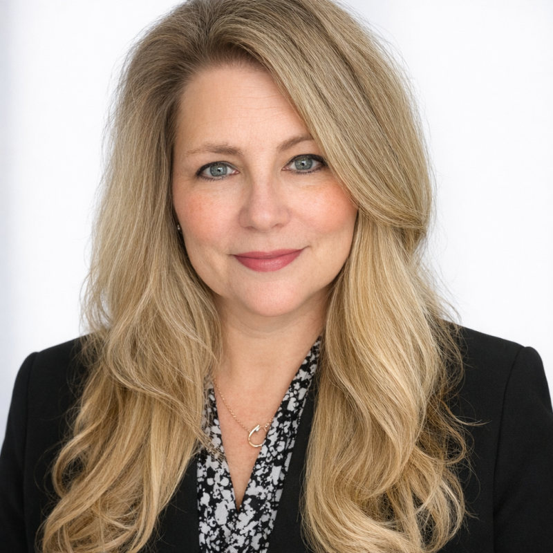 A woman with long blonde hair, blue eyes, and fair skin, wearing a black blazer and a patterned blouse, smiling at the camera against a plain light background.