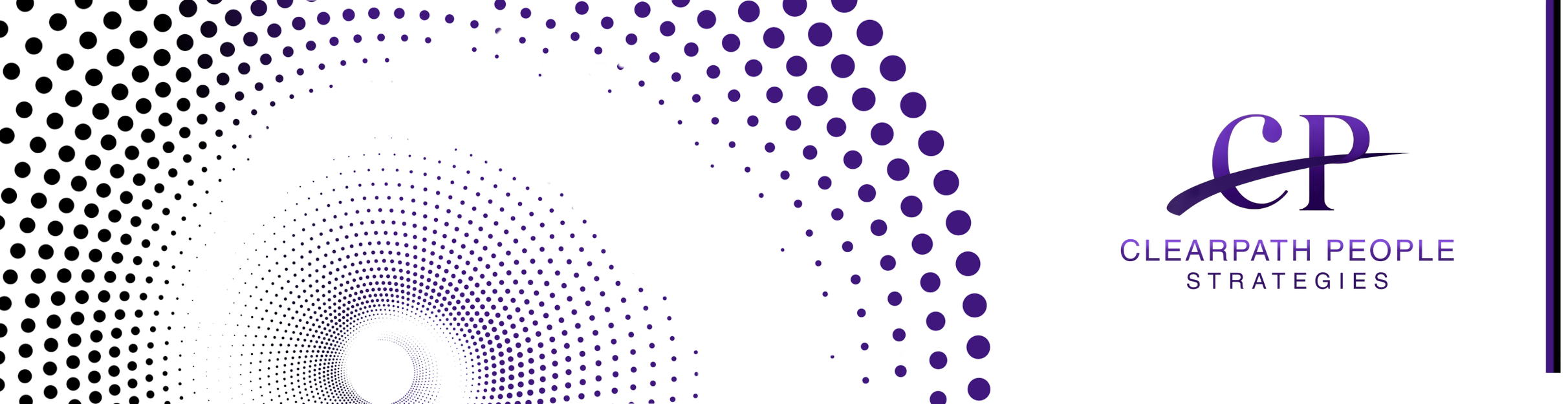 A dark background with a spiral pattern of purple dots, and the logo and text 'ClearPath People Strategies' in purple on the right side.