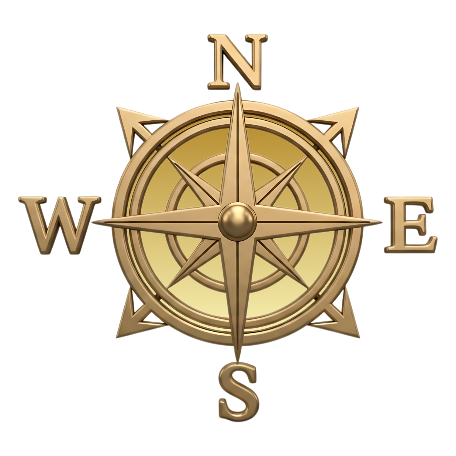 A gold-colored compass rose with the cardinal directions N, S, E, and W labeled around it.