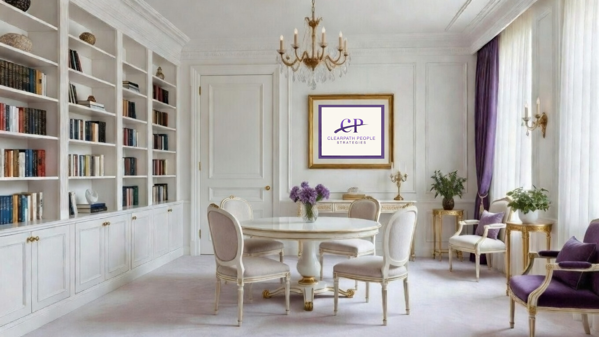 Elegant white living room with built-in bookshelves filled with books, a round table with chairs, purple accents, and a chandelier, featuring a framed logo for Clearpath People Strategies on the wall.