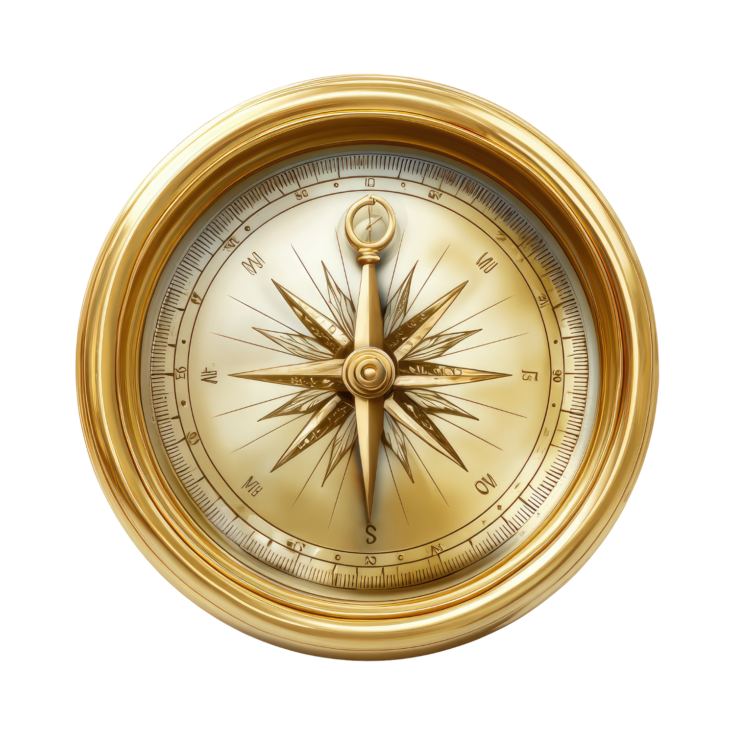 Gold pocket compass with a white and gold face and detailed directional markings.