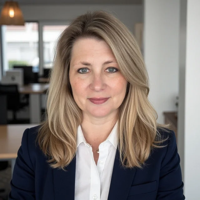 A professional woman with blond hair, wearing a navy blazer and white shirt, sitting in an office environment.