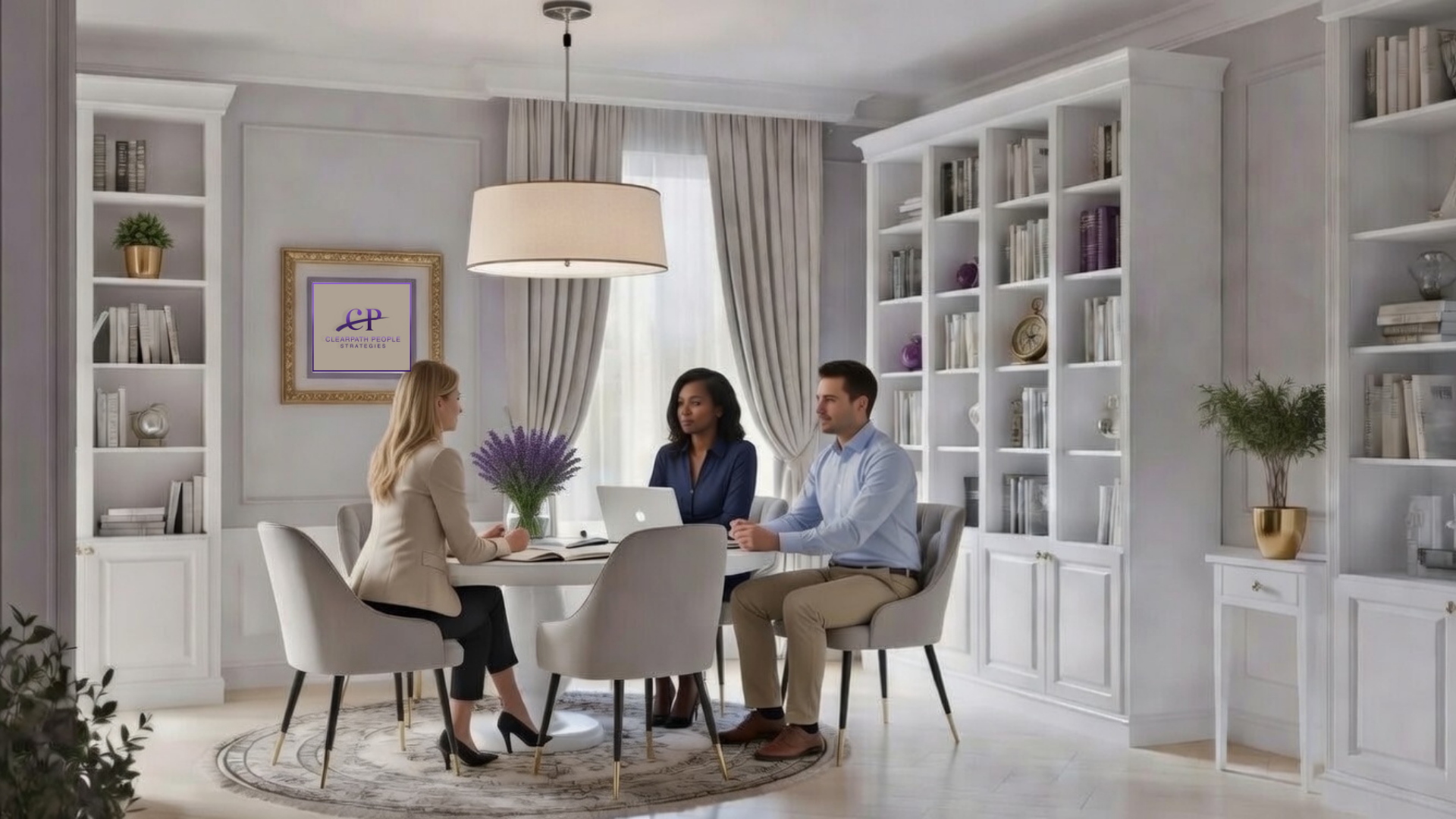 Three business people seated around a white round table in a well-lit, elegant room with white bookshelves, a window with curtains, and a large hanging light fixture. One woman is speaking to a woman and a man.