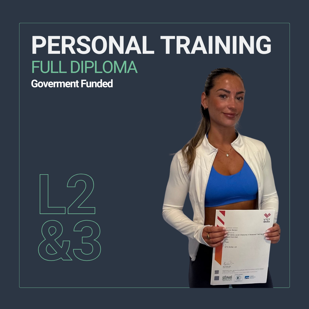 A woman holding a certificate in front of a digital poster advertising a personal training full diploma course, with text indicating government funding and levels 2 and 3.