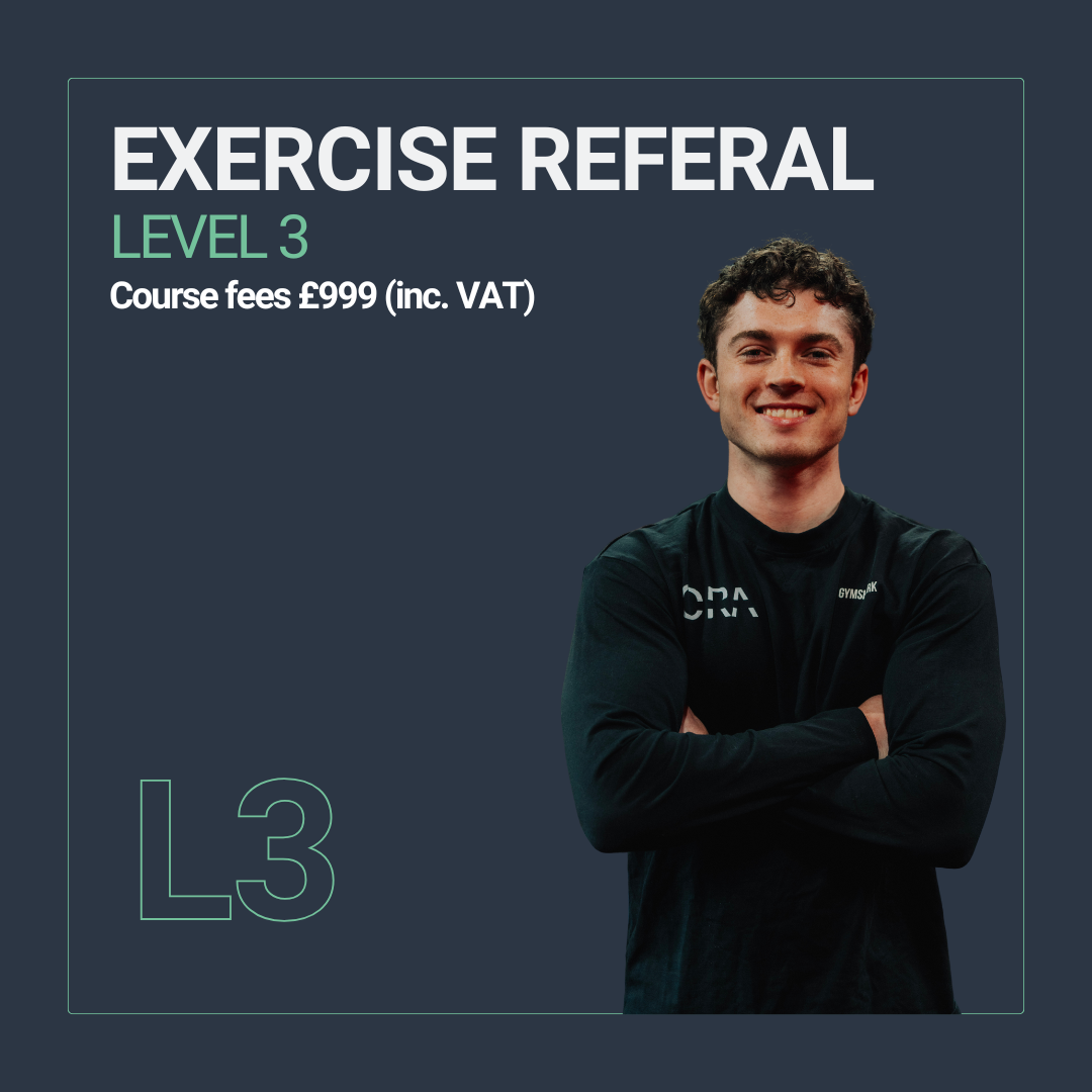 Poster advertising an exercise referral program at level 3, with course fees of £999 including VAT, featuring a smiling young man crossing his arms.