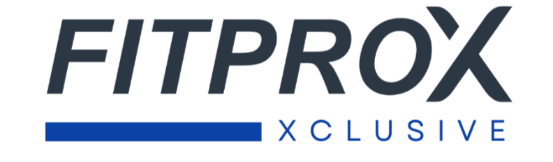 FITPROX XCLUSIVE logo with black and blue text on a white background.