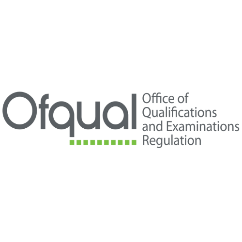 Logo of Ofqual, the Office of Qualifications and Examinations Regulation, with a black background and green dots.