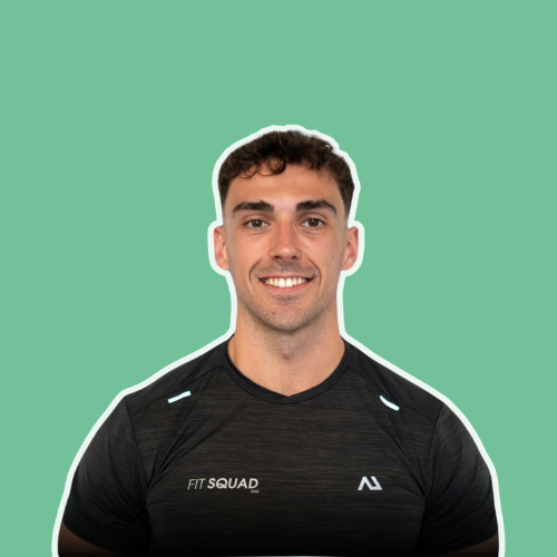 Portrait of a young man with short dark hair, smiling, wearing a black athletic shirt with 'FIT SQUAD' logo, against a green background.